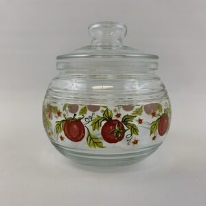 Vintage KIG Indonesia Tomato Print Glass Canister Storage Jar with Lid